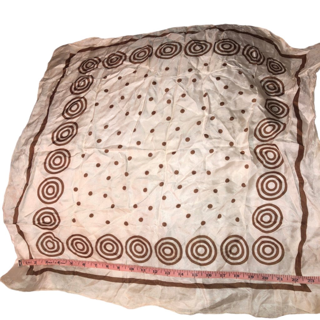 Vintage 100 Silk White Brown Circles Print Scarf